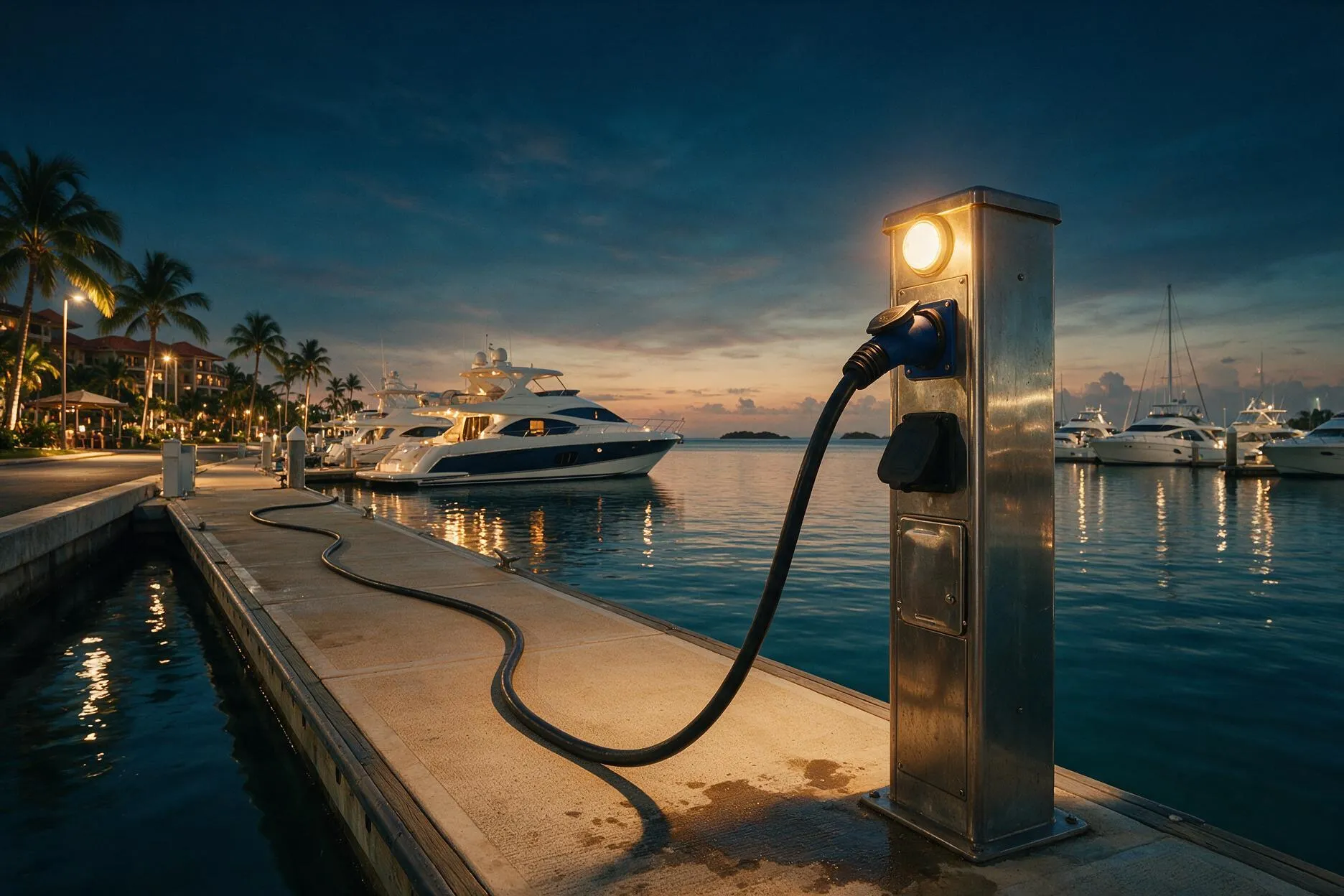 Shore-power pedestal and cable connected to a boat at a tropical marina at dusk