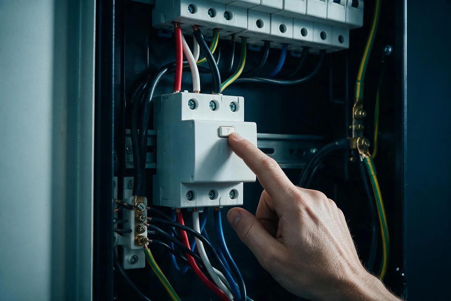 Electrician pressing the test button on a safety switch RCD in a commercial switchboard, correct AS/NZS wiring colours
