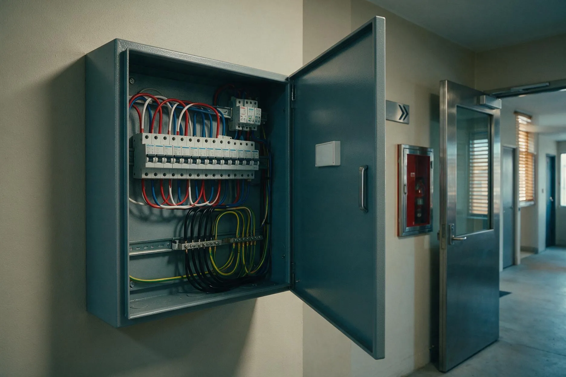 Common-property electrical switchboard cabinet in an apartment building hallway