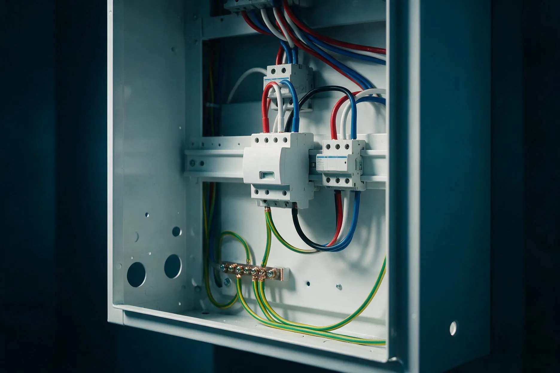 Surge protection device installed inside an Australian commercial switchboard with correctly colour-coded wiring