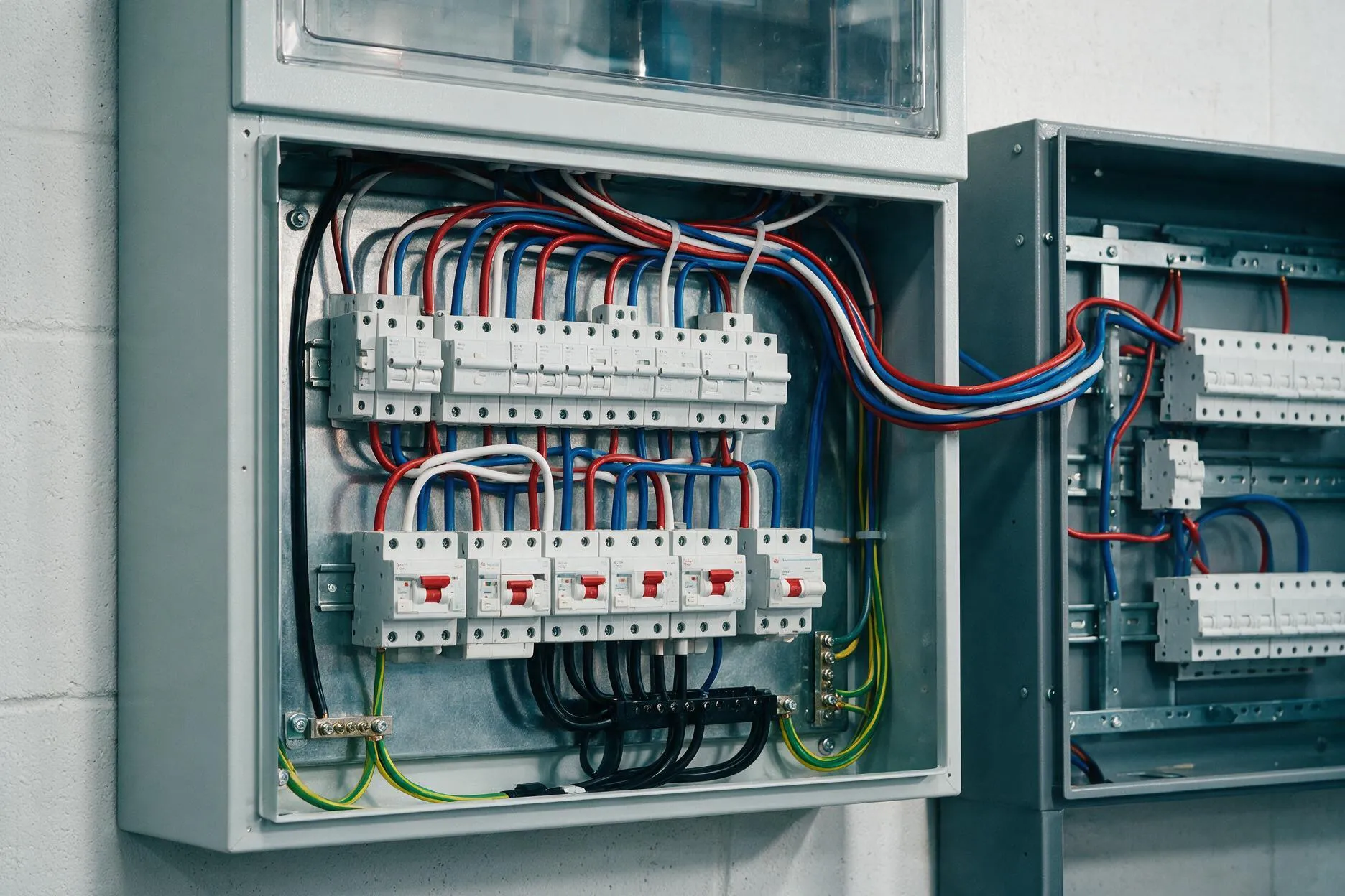 Modern compliant Australian switchboard with correctly colour-coded wiring and labelled circuit breakers