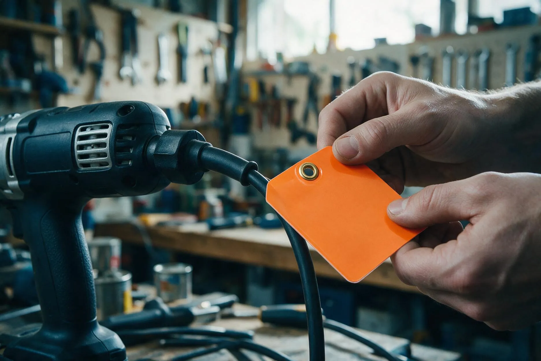 Technician attaching a compliance test tag to the cord of a power tool